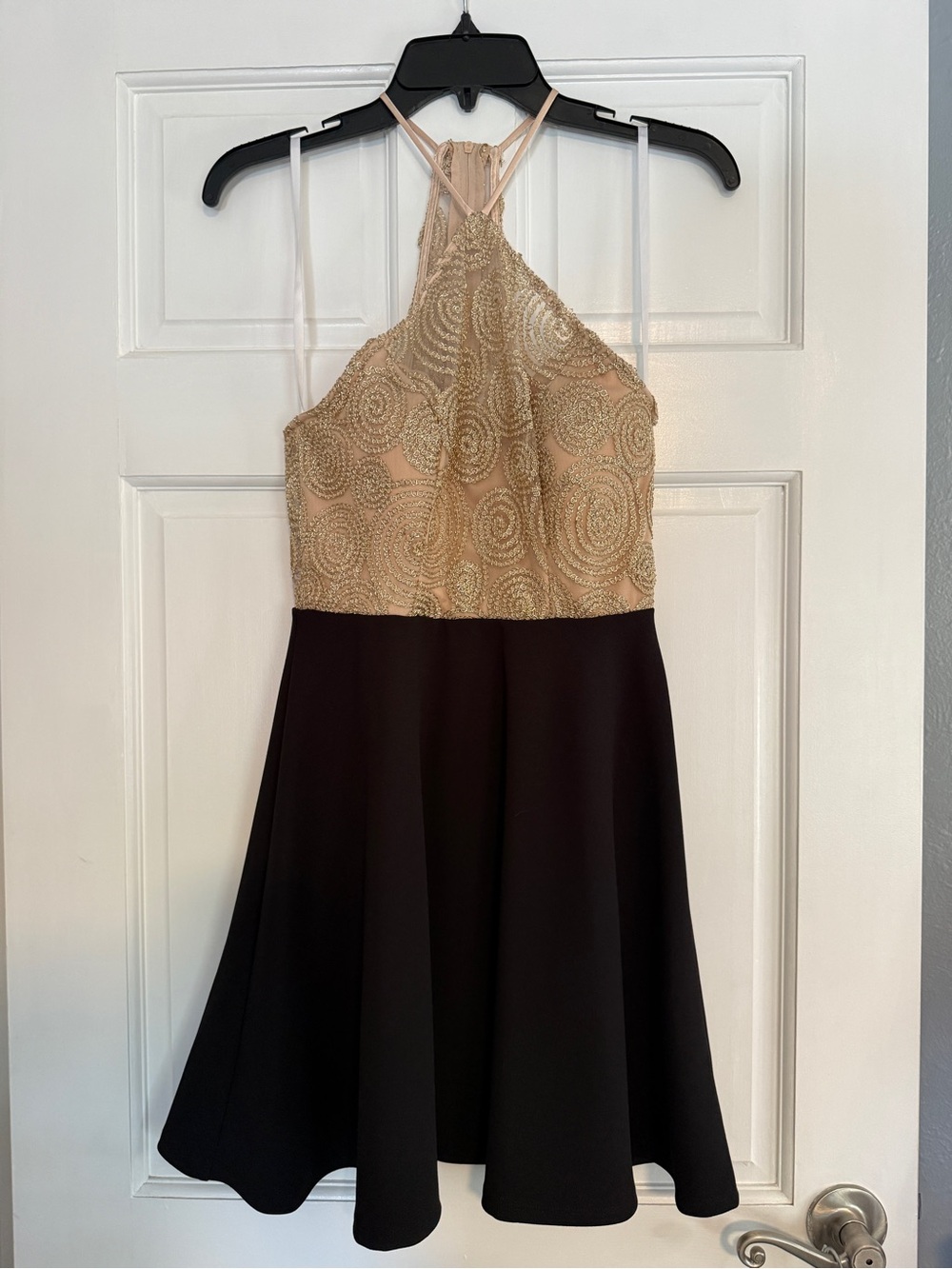 B Darlin Gold Sequin Halter Fit-and-Flare Dress with Black Skirt